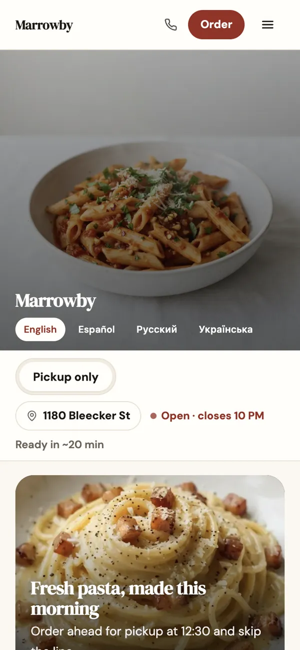 Marrowby on a phone: a pasta photo, the name, four languages and a banner