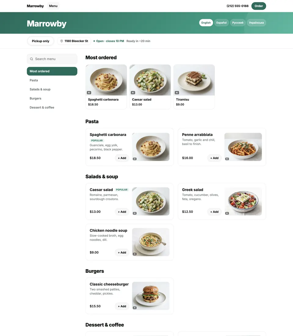 Marrowby in Paloma’s default look: a green header and the menu