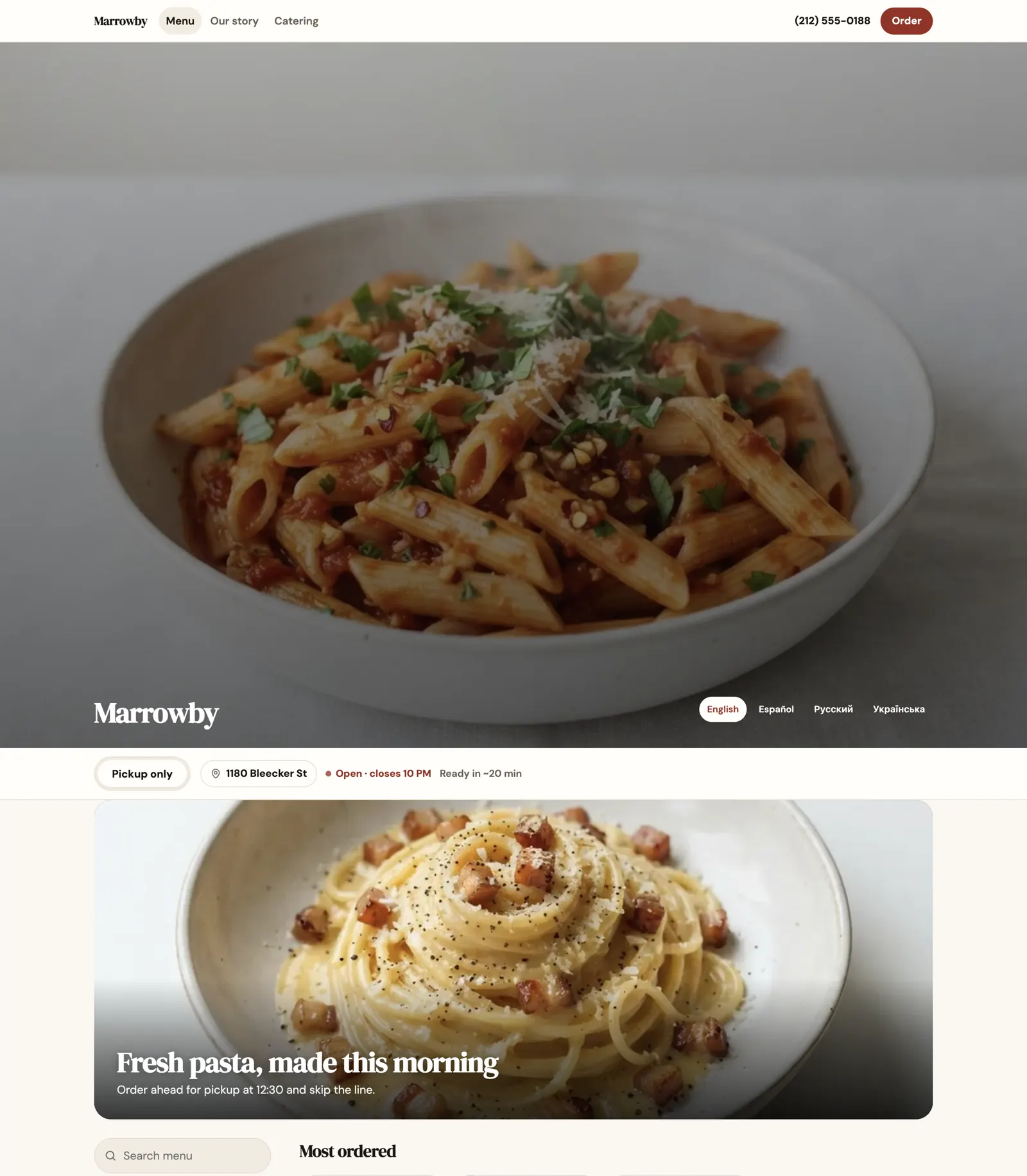 The ordering site of Marrowby, a bistro: a photo across the top, the menu by section, dishes with pictures and prices