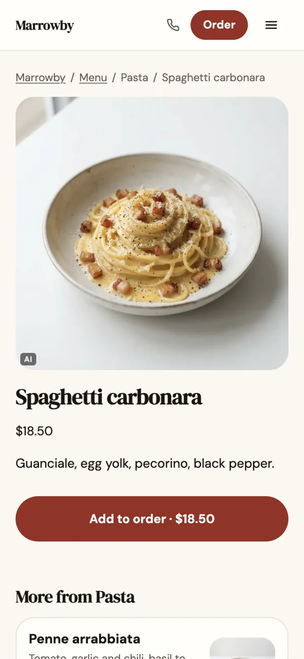 A dish page on a phone: a large picture of spaghetti carbonara, its price, description and an Add to order button